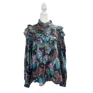 Love The Label‎ Vibrant Floral Ruffle Blouse Black Purple Metallic Mock Neck Med